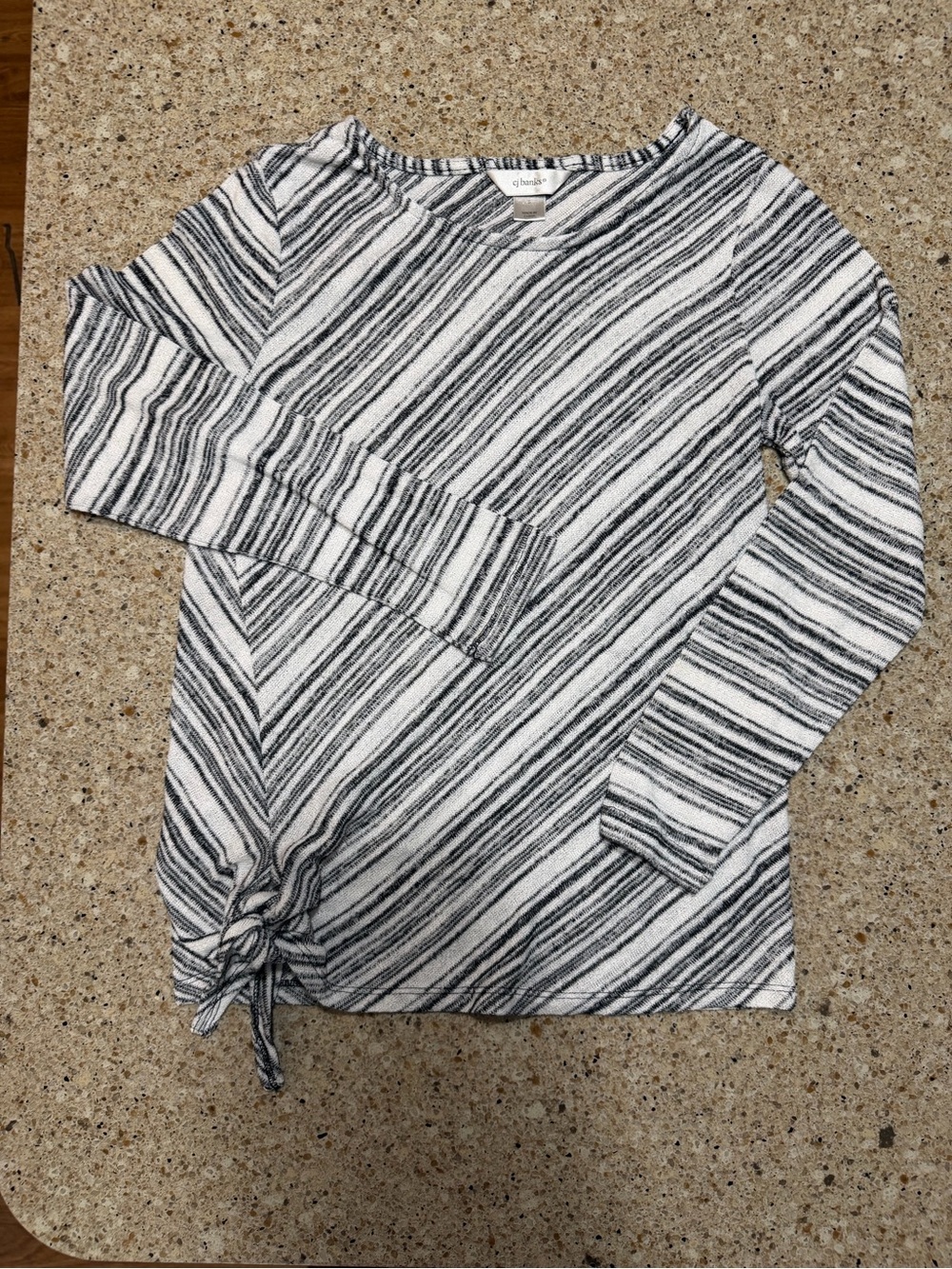 CJ Banks Black & White Diagonal Stripe Tie-Hem Long Sleeve Top